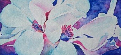 Aquarellbild einer abstrakten  Irisblüten in Blautönen